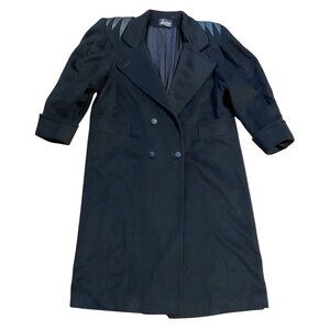 Vtg Loring Long Wool Black Overcoat Sz L Leather Accents Lined Double Breasted